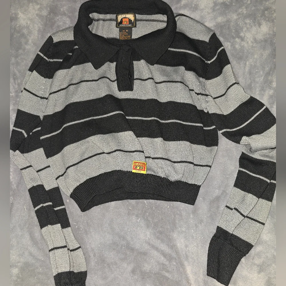 Striped Polo Crop Sweater in Black & Gray - Picture 1 of 2